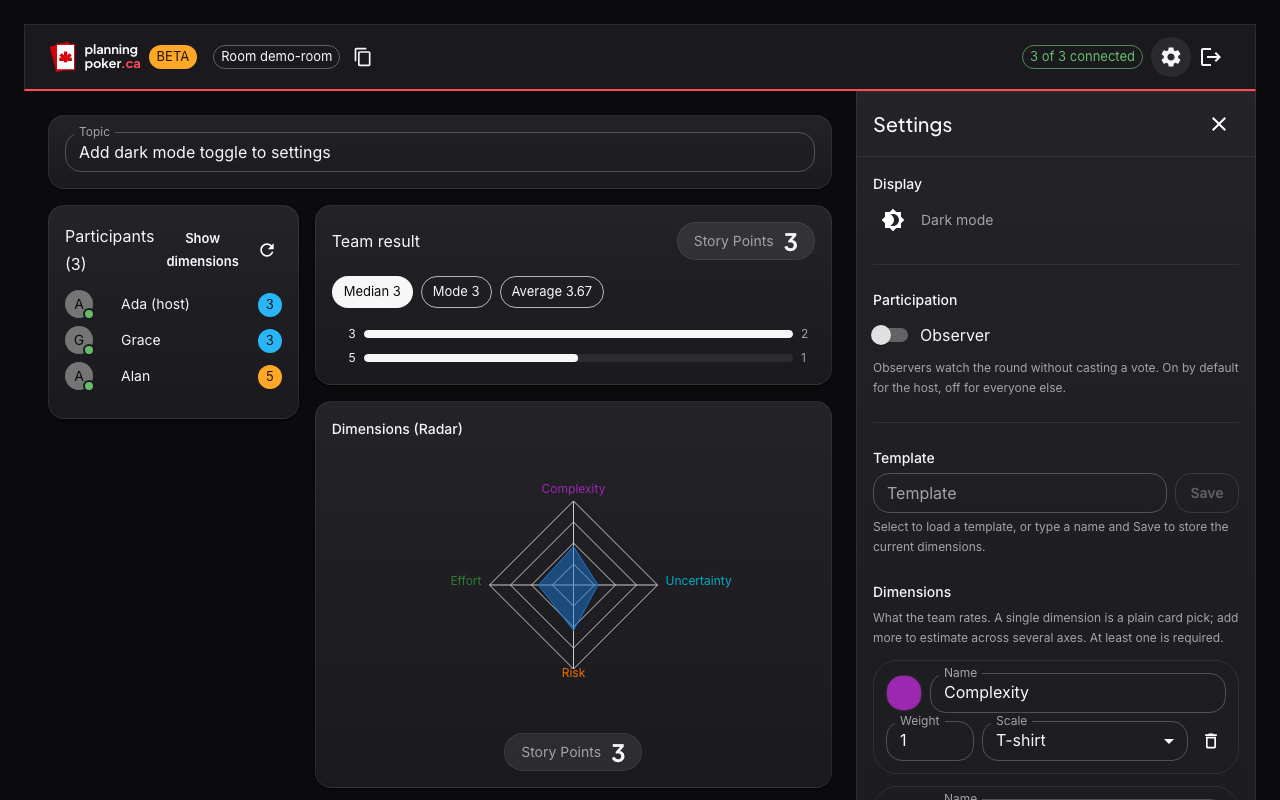 The settings panel open: template and dimension configuration, plus the app's own light/dark mode toggle
